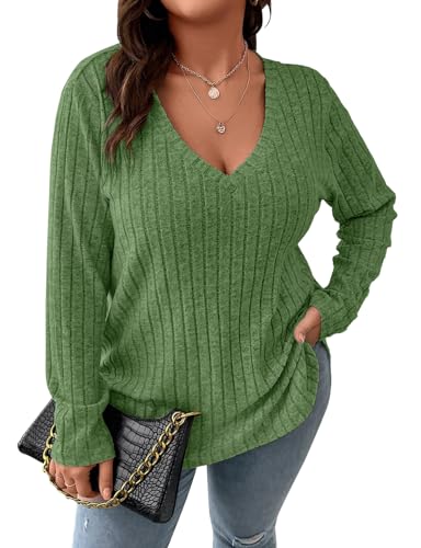 Image of Koscacy Women Plus Size Casual Knit Sweater V Neck Solid Color Tops Lightweight Long Sleeve Blouses