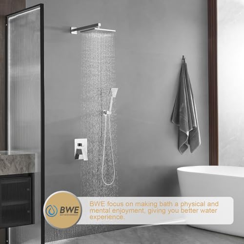 Set de grifería de ducha BWE con rociador de lluvia y ducha manual | Funciones duales, incluye válvula y kit de instalación, montaje en pared, diseño minimalista cuadrado moderno miniatura 2