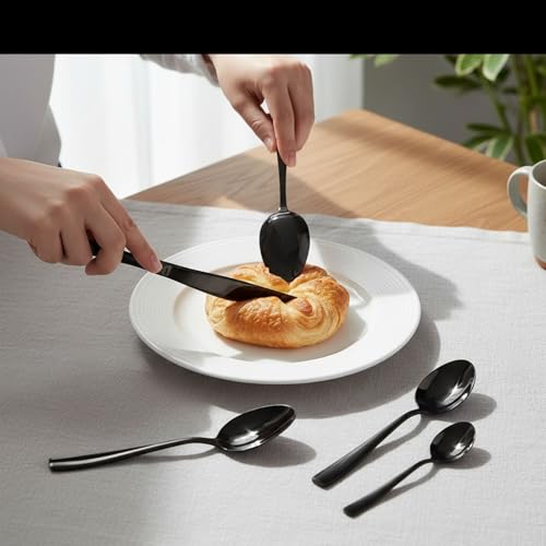 Image of 4 Pcs Black Mirror Polish Stainless Steel Cutlery Set for Dining Table with Spoon and Fork Set & Butterknife - The Perfect Tableware /Flatware