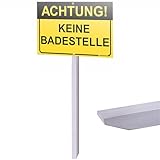 PRINTIMA Achtung Keine Badestelle Schild 32x21 cm zum Einschlagen, gelbe Warnhinweistafel aus Verbundplatte mit 1 m Aluprofil, UV-Druck für Ufer, See, Teich, Gewässer, Park