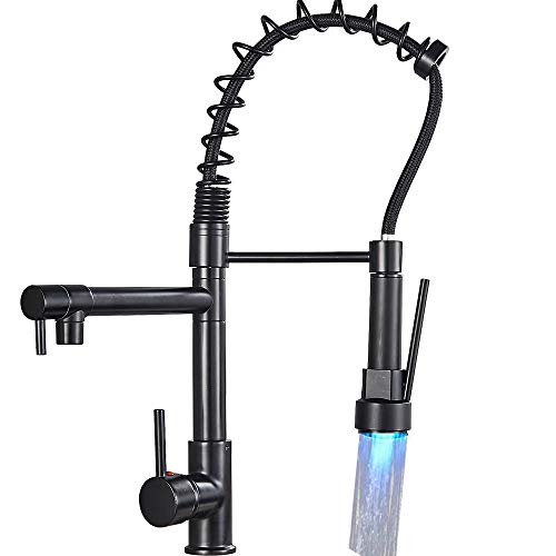 Votamuta LED Light Kitchen Faucet Pull Down Sprayer Stainless Steel Single Lever Kitchen Sink Faucet with 360 Degree Rotate Spout,Black Finish