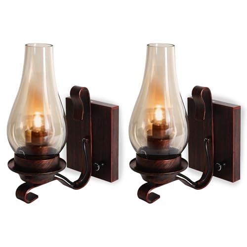 AnvFlik Wall Sconces Plug in Set of 2 Dimmable Rustic, Red Bronze Vintage Glass Wall Light, Retro Farmhouse Industrial Bedside Wall Lamps for Bedroom,Living Room,Hallway,Wall Mount Home Lighting