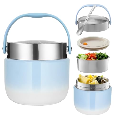 BUCOMTU Recipiente Térmico para Alimentos 1200 ml Termo Comida Caliente Adulto con Cuchara Plegable Fiambrera Termica Para Guardar Comidas,Almuerzos,Gachas,Sopas (Azul)