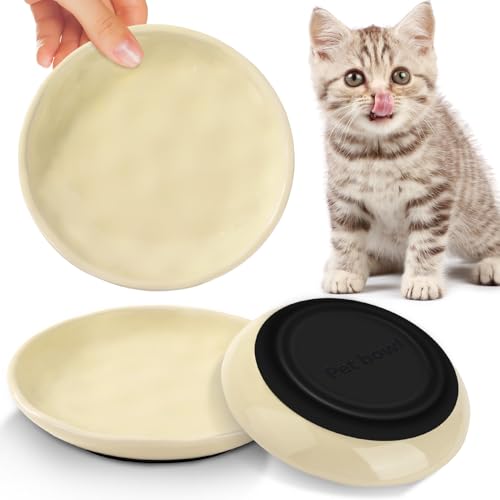 Ezvsevuo 3 Stück Katzennapf Flach Keramik, Futternapf Katze mit Rutschfestem Silikonboden, Beige Katzenschüssel Anti Whisker Fatigue, Katze Napf,...