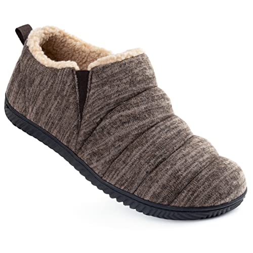 Zizor Men's Cozy Memory Foam Slippers with Plush Fleece Lined, Knit Anti-Slip Indoor Outdoor Rubber Sole with Unilateral Elastic Bandage, Coffee, 8 UK