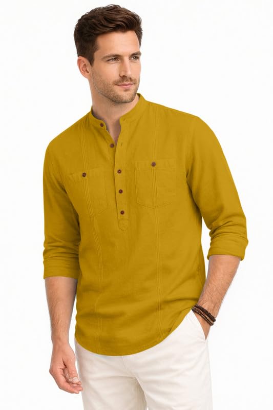 Image of ROYALSCOUT Men's Cotton Polyester Blend Kurta Style Shirt with Mandarin Collar, Half Button Placket, Dual Chest Pockets, Long Sleeve Casual Ethnic Fusion Wear for Office, Festive and Daily Use