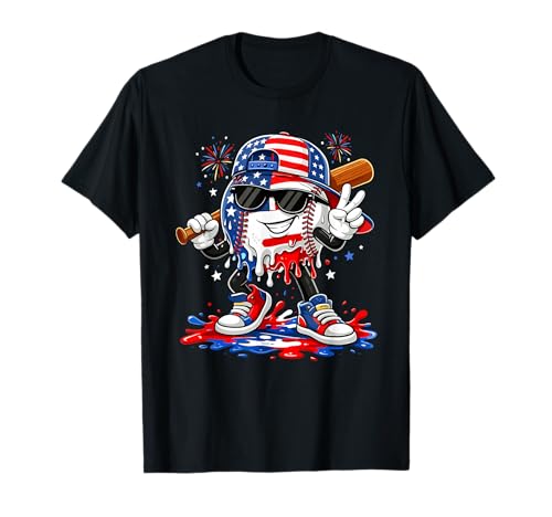 4th of July Baseball Drip Youth Boys Ice Cream American Flag T-Shirt