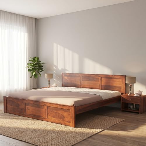 Image of Solid Sheesham Wood King Size Bed Without Storage | Wooden Double Bed Cot Palang with Headboard for Bedroom, Guest Room, Living Room, Hotels and Home (Honey Finish)