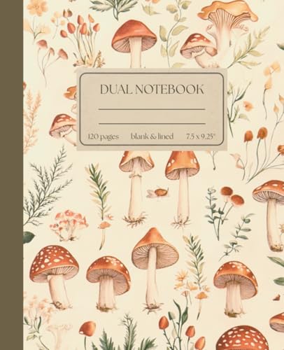 Dual Notebook: Blank and Lined Alternating 120 Pages Journal, 7.5 x 9.25", College Ruled Vintage Mushroom Illustration Sketchbook with Page Numbers, for School, Office, Work