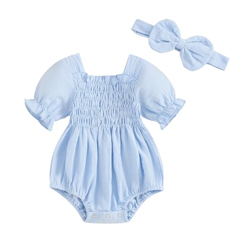 Image of Ursobutegl Infant Baby Girls Romper Ruffle Sleeve Pleated Smocked Bubble One Piece Ruched Jumpsuit Boho Summer Bodysuit