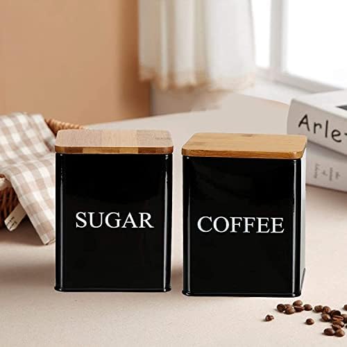 Bekith 3 Pack Tea Sugar Coffee Canister Set with Bamboo Lids Kitchen Storage, 11 x 11 x 14.1CM (Black)