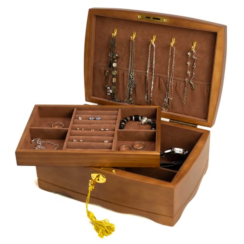 EURIELK Wooden Jewelry Box with Lock & Key for Women, Medium Size Real Natural Wood Lockable Antique Organizer with Large Storage, Big Ring Compartments, Built in Necklace Hooks, Brown