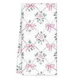 OINDADE Pink Bow Floral Kitchen Towels, Pink Preppy Hand Towels, Shabby Chic Decor Dish Towel Tea Towel for Kitchens Decorative, Preppy Coquette PinkBow Floral Bathroom Kitchens Decor, 16x24In