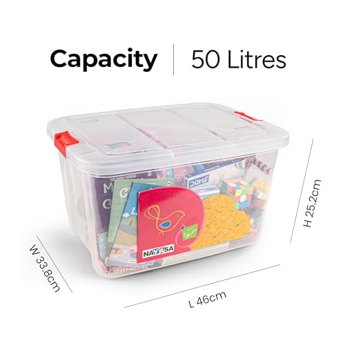 Image of Nayasa Plastic 50 Ltr Multipurpose Rectangular Storage Container Box with Lid and Small Rolling Wheels, Ideal for Organizing Household Essentials, Transparent