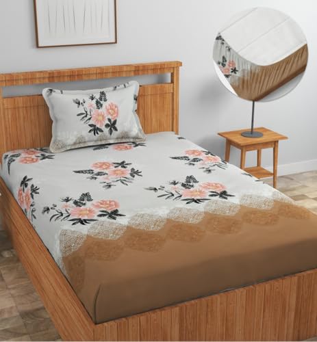 Image of NEW LEAF Premium Cotton Elastic Fitted Bedsheets with 1 Pillow Covers |Solid or Plain Single Bed Elastic 220 TC Supersoft Breathable & Wrinklefree | for 72x36+6 Inches, Pink Rose