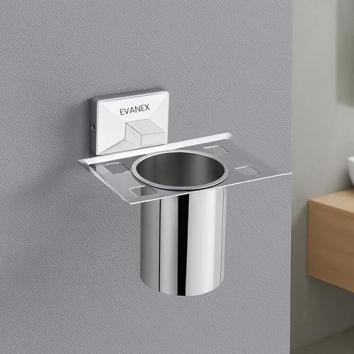Image of EVANEX Wall-Mounted Tooth Brush Holder, 304 Grade Stainless Steel Tumbler Stand, Bathroom Organizer with Glossy & Chrome Finish Stand with Removable Cup (Vento)