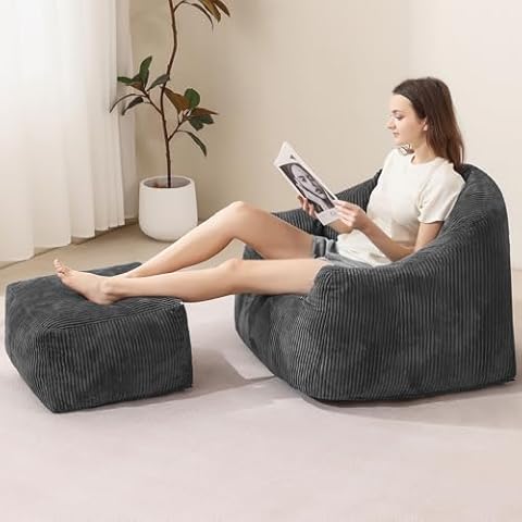 cidludto Bean Bag Chair with Ottoman, Oversized Comfy Reading Chairs for Adults with Filling, Large Beanbag Chairs with Filler Included with Armrests Plush Bean Bag Lounger Cozy Sofa for Reading,Grey Cover