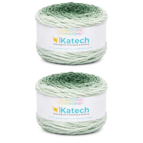 Image of Katech Ombre Cnenille Yarn for Crocheting-2 Pcs of 285g /10oz-6 Super Bulky | Fluffy Velvet Blanket Yarn for Knitting, Soft Fuzzy Phasing Cake Yarns for Baby Blankets, Throw Pillow, Plushies, Hat(Forest)