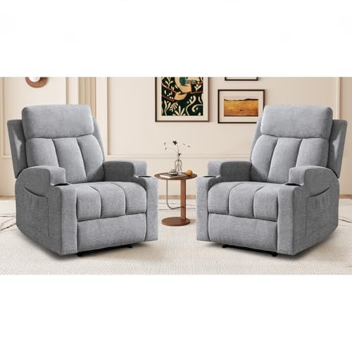 CANMOV Manual Massage Heat Recliner Chair Set of 2,Soft Fabric Recliner Chair with Overstuffed Arm and Back, Manual Reclining Single Sofa with 2 Cup Holders, Side Pocket for Living Room,Grey