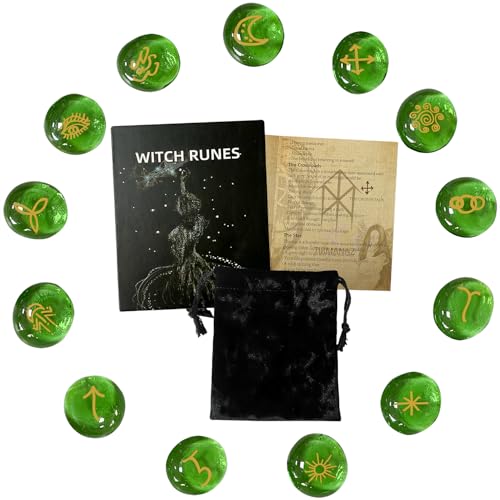 Tirmanaz 13 Pcs Runes, Green Runes Stone Set with Guide Book, Velvet Drawstring Bag, Glass Runa for Beginners, Divination, Pagan, Witchcraft