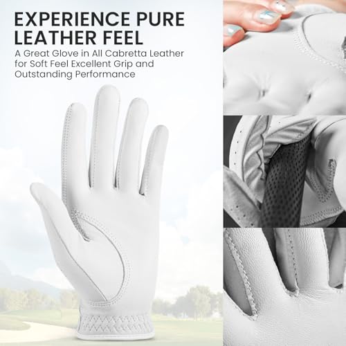 LOVMEAD Damen-Golfhandschuhe aus hochwertigem Leder 1er-Pack mit Ballmarker, Handschuhe mit Allwetter-Griff für Leistung, atmungsaktiver Anzug für Links und Rechtshänder (Weiß, M, Links)