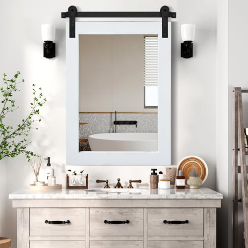 Image of COGOOD Farmhouse Barn Door Mirror - 25 x 38 Rustic Bathroom Mirror for Living Room, Entryway, Vanity Wall Decor (Pure White)