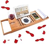 SUNFICON Bamboo Bath Tray Bathtub Caddy Bath Tub Reading Shelf Rack Organizer Removable Storage Tray Extending Sliding Side Mug/Wineglass/Phone Holder, Metal Frame Book/Tablet Holder Waterproof Cloth
