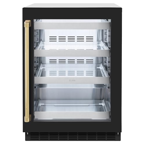 ZLINE Autograph Edition 24 in. Touchstone 151 Can Beverage Fridge With Black Matte Glass Door And Polished Gold Handle (RBSOZ-BLM-24-G)
