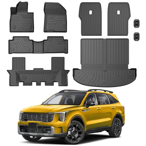 KUST Floor Mats Set for Kia Sorento 2021-2025 2026 (6 Seater Not for Hybrid) All Weather Rear Trunk Cargo Liner with 2nd Row Back Seat Protector Full Set Car Mats Accessories TPE Rubber Raised Edge