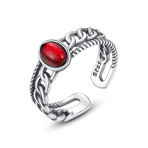 Bague de couple réglable S925 en argent avec pierre rouge et noire