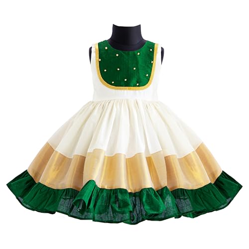 Stanwells Kids Dress for Girls Embroidery Knee Length Traditional Applique Kerala Ethnic Frock for Baby Girls Zipper Beautiful Sleeveless Birthday Dress for Girls Cream & Green (2-3 Years) - Image 2 thumbnail