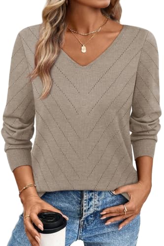 Image of WIHOLL Sweaters for Women V Neck Casual Knit Long Sleeve Tops Lightweight Pullover Clothes Fall Fashion Outfits 2026