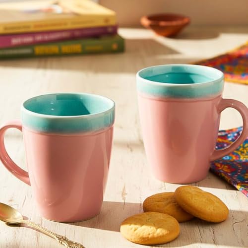 Image of The Earth Store Pink Flow Coffee Mug - 340ML Ceramic Coffee Mugs Set of 2 | Microwave & Dishwasher Safe Mugs for Gift | Home | Office | Restaurant | Daily Use Tea Mug