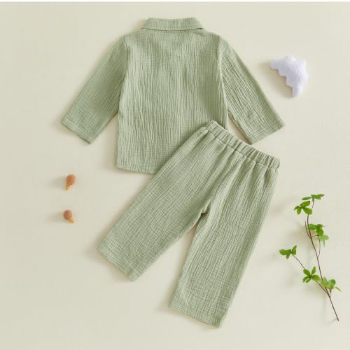 Image of VISGOGO Toddler Boy Linen Outfit Baby Boy Fall Winter Clothes Set Button-Down Shirt Tops Cotton Linen Pants 2PCS