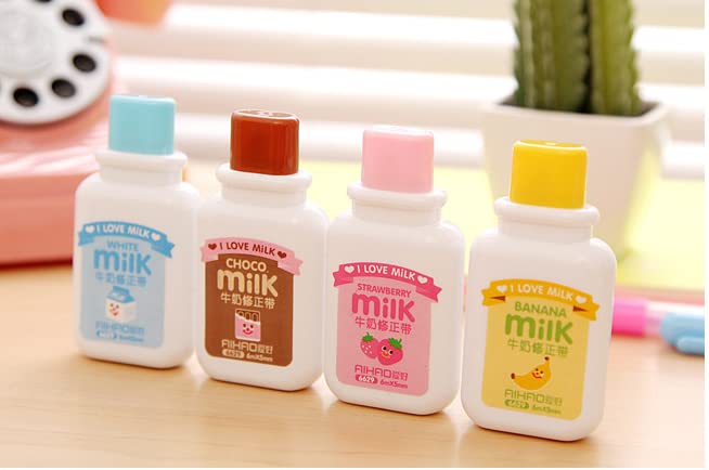 Brccee AC Korrekturband für Milchflaschen, Kawaii-Cartoon-Schreibwaren, niedlich, Studenten, Schule, Bürobedarf (Braun, Blau, Gelb, Rosa, zufällige Farbe), 4 Stück