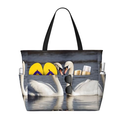 Romantic White Swan Beach Bags For Women Large Waterproof Sandproof Beach Tote Bag Pool Bag Lightweight Zipper Carry On Bag For Gym Travel Vocation