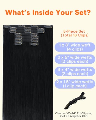 Image of Full Shine Seamless Clip in Hair Extensions Real Human Hair,Black 18 Inch | Invisible PU Weft, Nature Black Remy Hair Extension Clip ins, Full Voluminous Long Hair, 120g 8Pcs