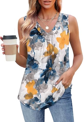 OFEEFAN Tank Top for Women Loose Fit Sleeveless Shirts V Neck Summer Clothes Ruched Women's Tees and Tanks Curved Hem2
