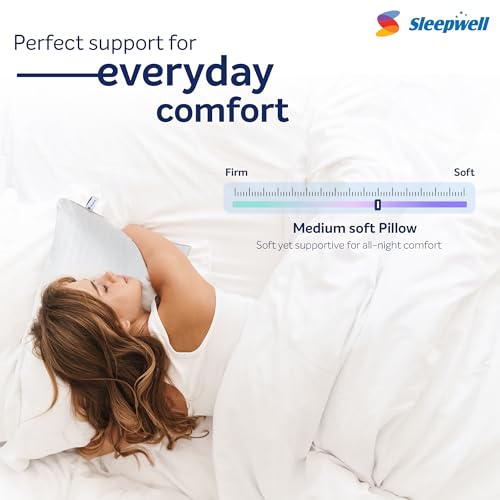 Image of Sleepwell Huggs Classic Soft Fibre-fill Pillow |White| Hand Washable | Polyester Satin Stripes | Sewn Seam | Polyester Conjugate Fibre | Lightweight & Vacuum | Medium Soft | 27 x 17 Inches | Pack of 1