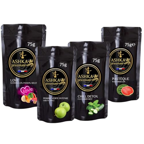 Ashka Premium N36 goût chicha Pack 300g - 4 saveurs de 75g - arôme shisha Love, Pastèque, Concombre menthe, Pomme verte