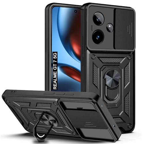 Image of AESTMO Tough Armor Realme GT 7 5G / Realme GT 7T 5G / GT 7 Dream Edition Bumper Back Case Cover | Ring Holder & Sliding Camera Shield Cover | 360 Degree Protection Back Case Cover (Black)