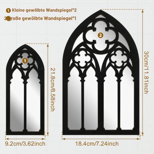 3 x gotische Spiegel, Wanddekoration, gewölbter Fenster-Wandspiegel, großer Gothic-Wandspiegel, schwarz, groß, Gothic-Spiegel, Wand für Wohnzimmer, Schlafzimmer, Badezimmer – Bild 2