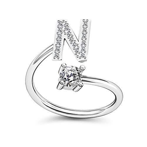 Image of HUJUON Silver Initial Letter Ring for Women. Adjustable Crystal Alphabet Ring,Name Initials Stackable Knuckle Rings A-Z CZ Open Ring