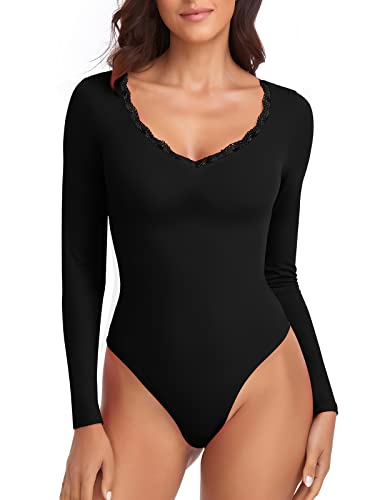 WOWENY Damen Body Spitze Elegant Langarm V-ausschnitt Bodies Sexy Bodysuit...