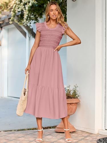 Image of Simplee Womens Summer Midi Dress Casual Boho Smocked Waist Flutter Sleeve A Line Flowy Tiered Dress with Pockets