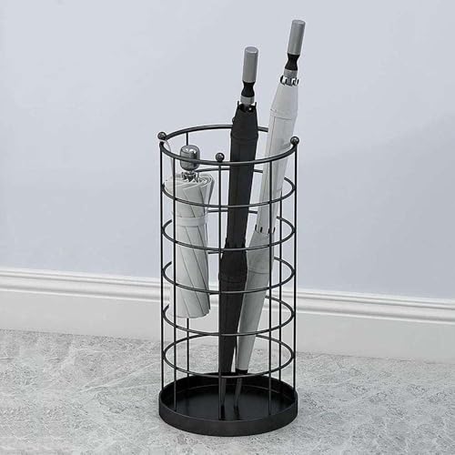 Image of Round Metal Umbrella Stand, Black, 25 x 50 CM | Bottom Drip Tray, Entryway Storage Holder