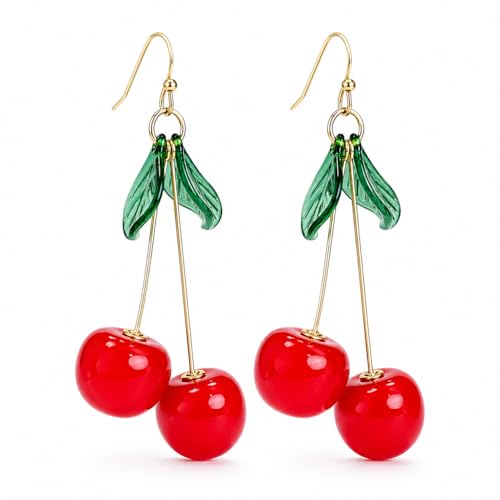 Boucles d'oreilles cerises feuilles cristal vert - Charmes fruits 3D cadeaux élégants (Rouge)