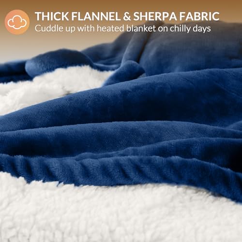 Image of HOMLYNS LuxeHeat Heated Blanket Electric Blanket Full Size, Soft Flannel Sherpa Heating Blanket with 10 Heat Settings, 1-10 hrs Timer Auto Shut Off (72x84 inches, Navy), Only for 120V Voltage Use