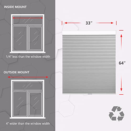 Seeye Cordless Cellular Shades, Blackout Honeycomb Blinds 33" W X 64" H Room Darkening Pleated Window Shades Pull Down Shades For Bedroom Nursery, Grey And White #TOP4