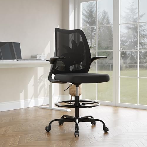 BERYTH Office Chair Drafting Chair Swivel Chair with Mesh Upholstery Ergonomic Painting Chair Lumbar Support 60 cm Large Seat Foldable Armrests With Footrest For Office Home Office Chair Study